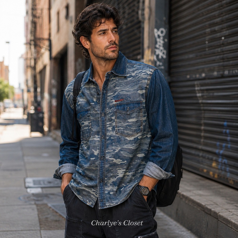 90s Revival Denim & Camo Utility Shirt XL Gorpcore Button-Up Casual Urban Edge